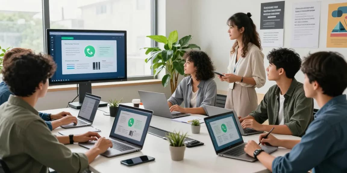 A diverse team collaborating using WhatsApp電腦版 in a modern office setting.