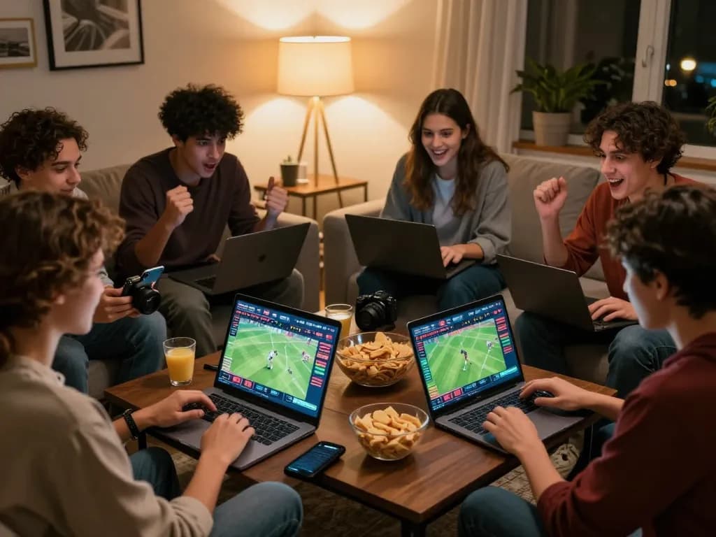 Friends enjoying sports betting experience at home using b52 online platform, showcasing engagement and excitement.