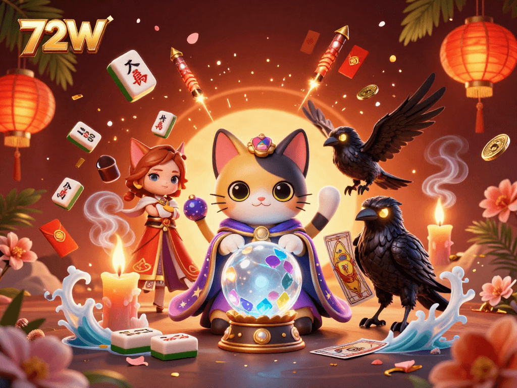 Ilustração 3D detalhada do 72W, com gato místico e elementos de cassino em um fundo vibrante.