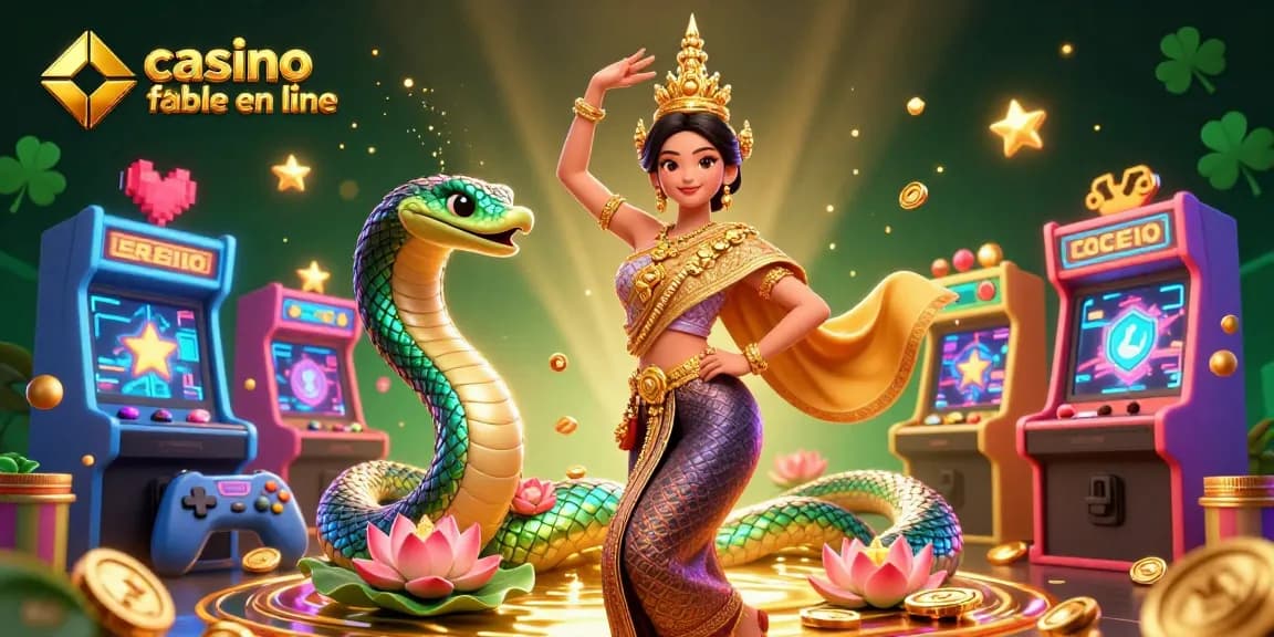 Découvrez un casino fiable en ligne avec une illustration 3D dynamique mettant en scène une femme thaïlandaise, un serpent Naga et des éléments de jeu dynamiques.