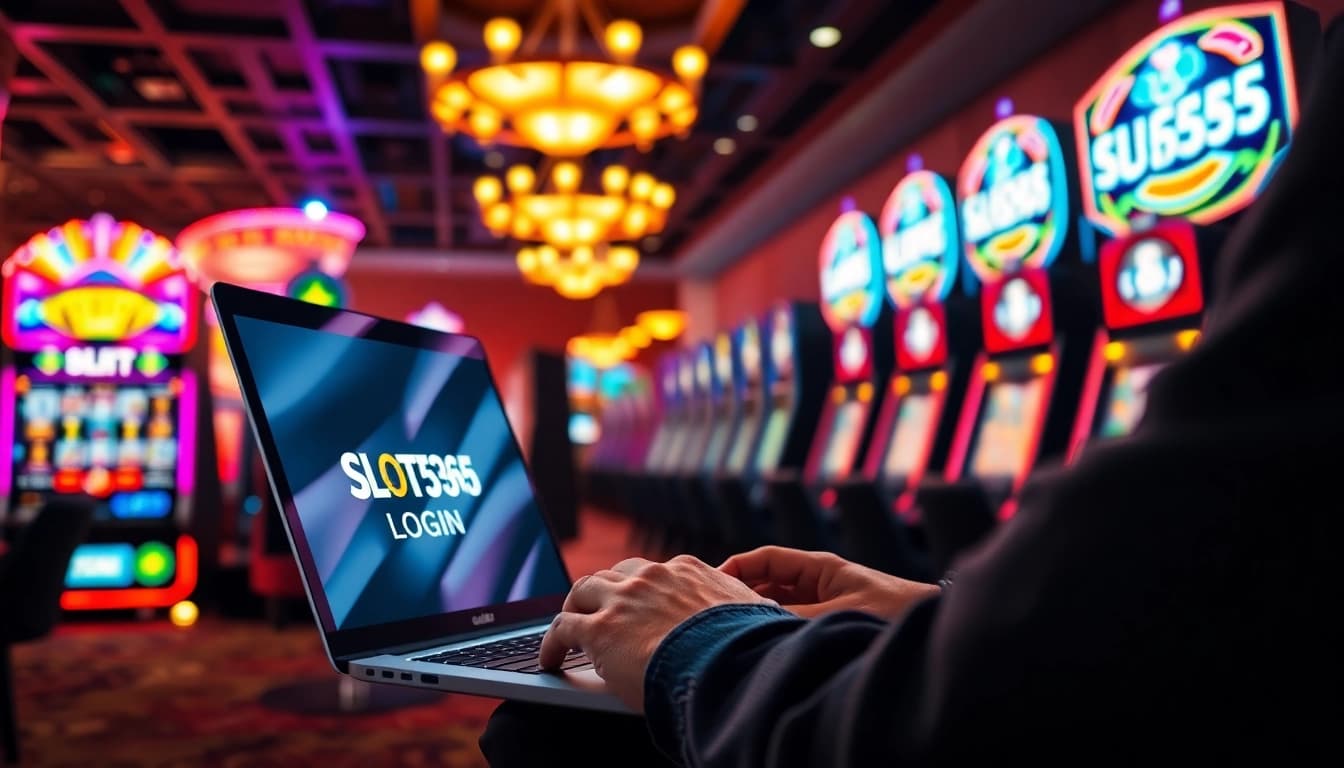 Mengakses SLOT365 LOGIN pada laptop di tengah keseruan kasino yang penuh warna.