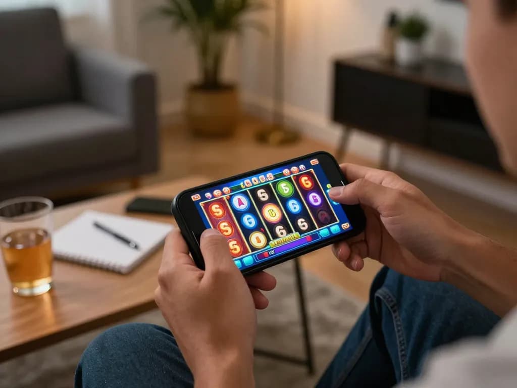 Engaging gameplay of slot online with animated reels displayed on smartphone, set in a cozy home atmosphere.