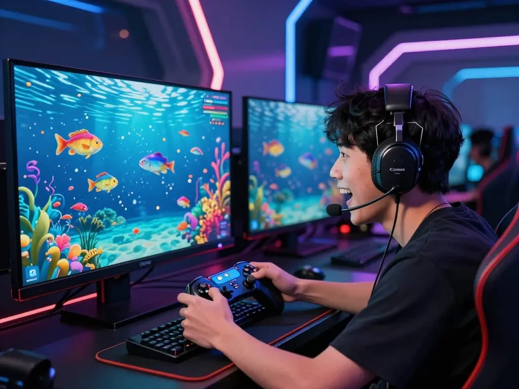 Dynamic player engaging in Game bài hubet88 online, surrounded by colorful graphics and vibrant underwater scene.