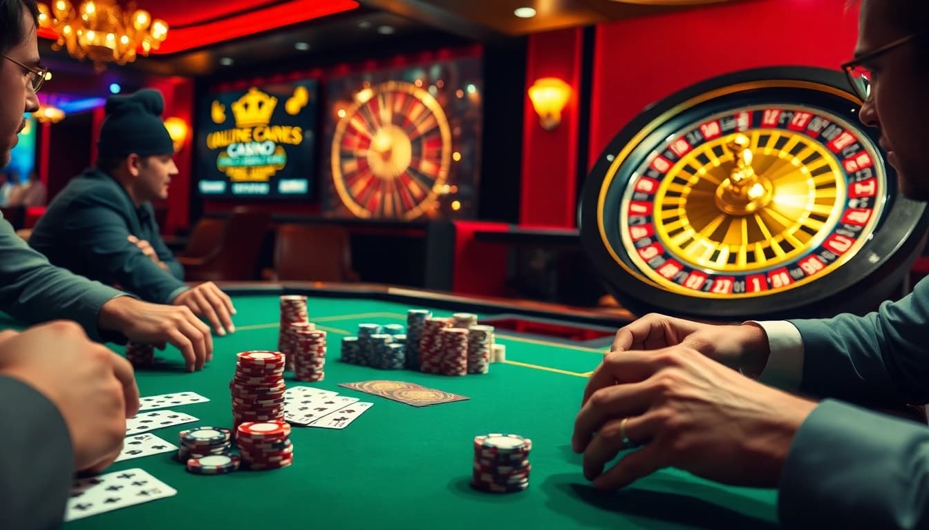 Jeux passionnants à une table de poker avec des éléments de casino en ligne fiable améliorant l'atmosphère.