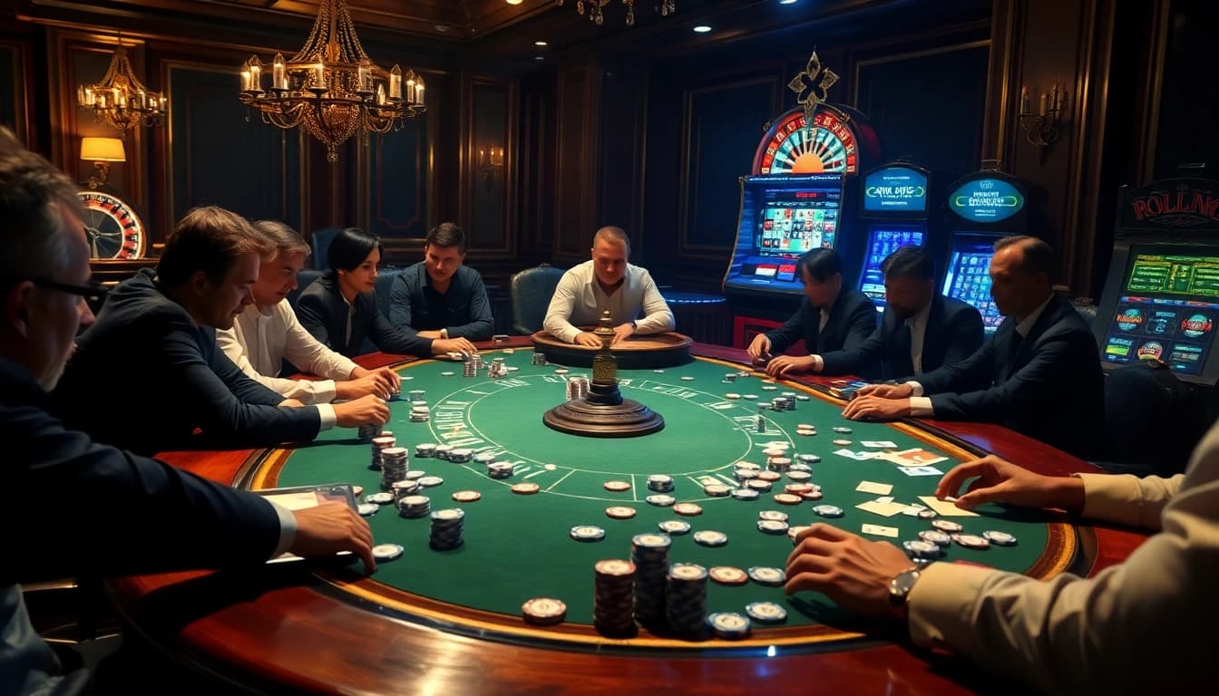 A high-stakes casino with players around a gambling table, showcasing hidden wiki official elements in the background.