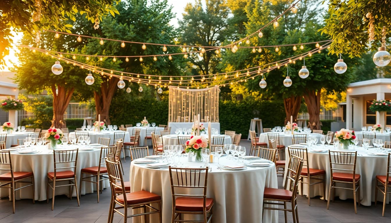 Table Rentals arranged beautifully for an outdoor event with elegant decor and ambiance.
