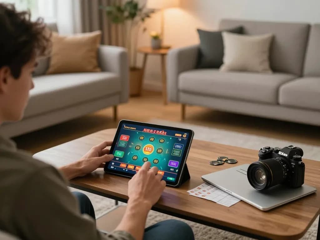 xóc đĩa online gaming showcased in a cozy living room with a player focused on tablet screen.