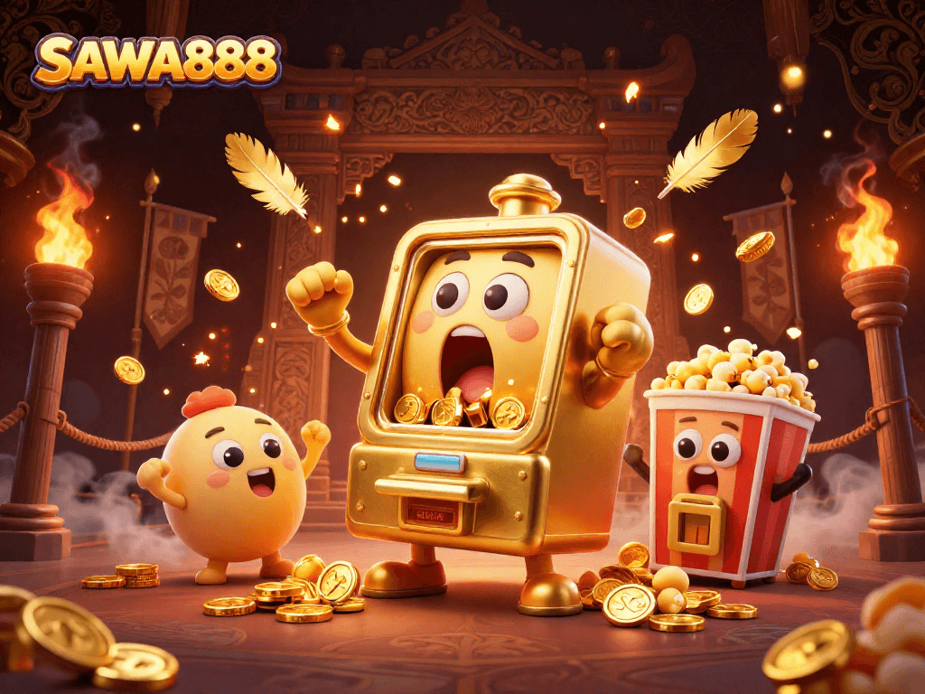 SAWA888's thrilling slot machines celebrating a jackpot in a vibrant casino scene.