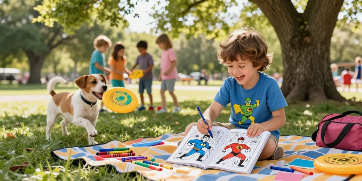 Child coloring superhero pages in a colorful park, surrounded by crayons and a playful puppy.