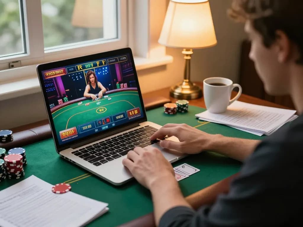 Seseorang terlibat dalam permainan poker online di rumah, menunjukkan fokus enoughof pada permainan strategis.