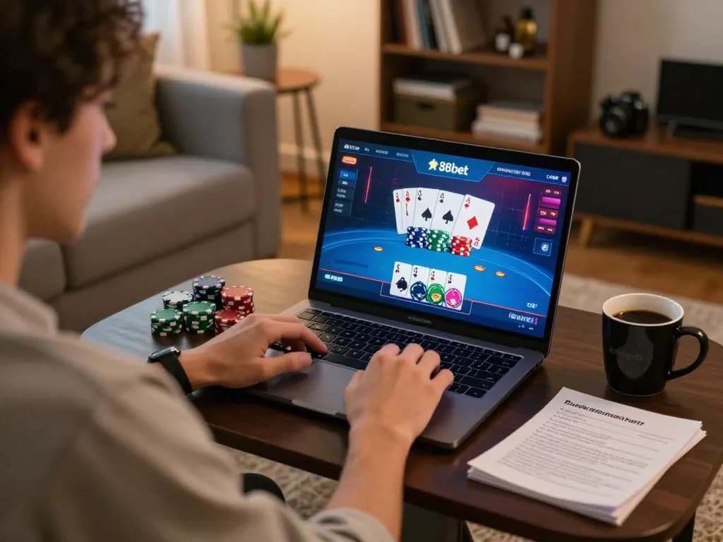 Player using 388bet for online poker gameplay, showcasing dynamic betting action and a cozy home environment.