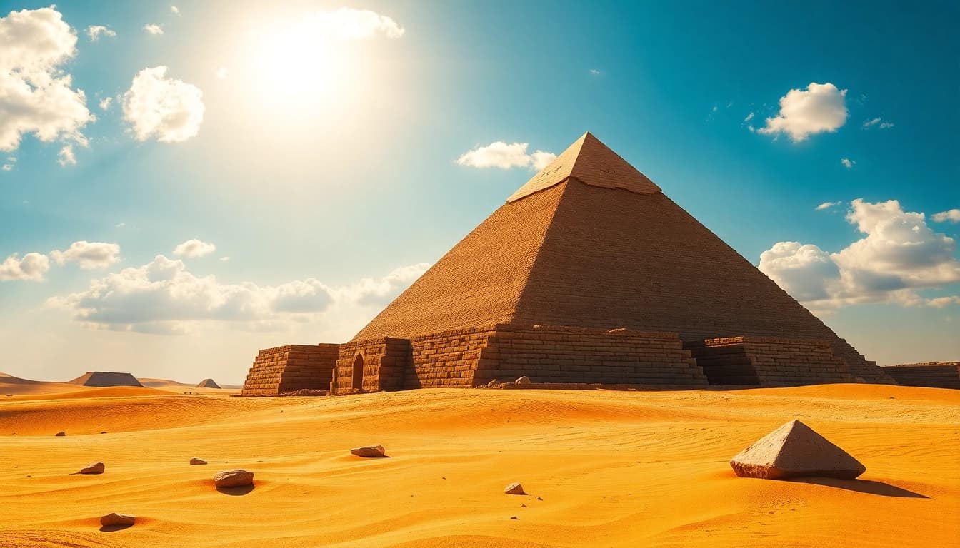Experience the grandeur of ancient piraminds as they rise majestically against a clear sky.