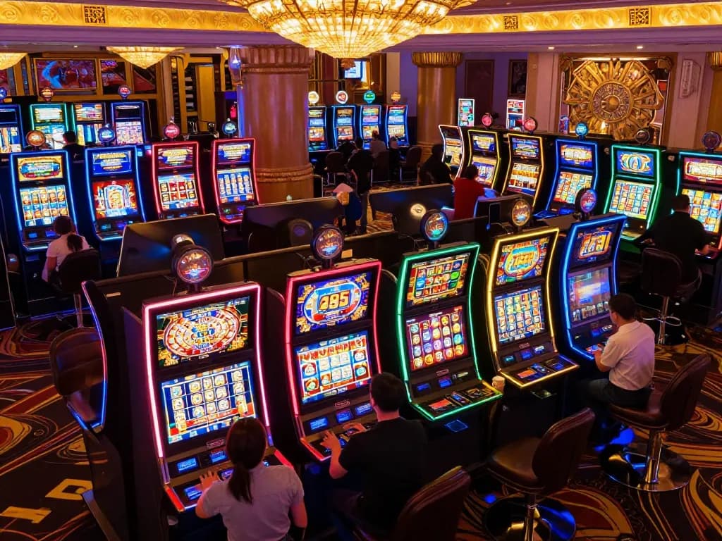Engaged players enjoying slot777 resmi machines with vibrant graphics in a lively casino atmosphere