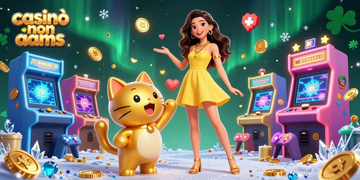 Vivi la fortuna nei casinò non AAMS con una gioiosa donna asiatica e il suo gatto fortunato dorato in una vivace scena di casinò.