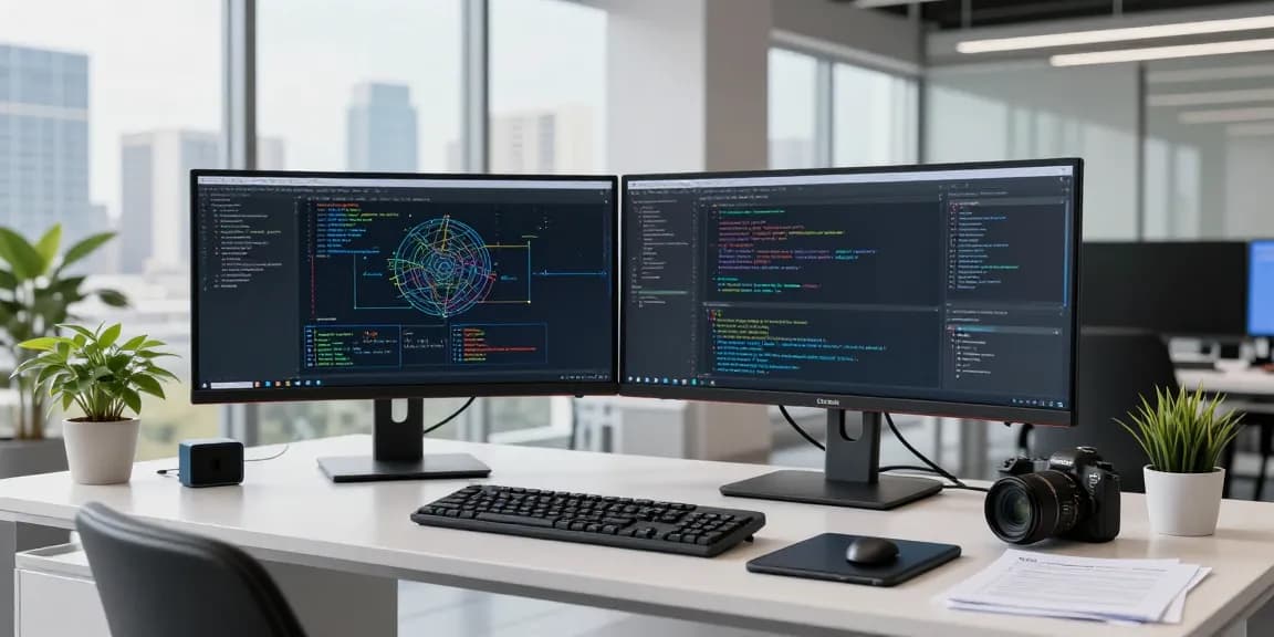 AI prompt image showcasing a professional developer in a modern workspace, immersed in coding with dual monitors and a sleek desk setup.
