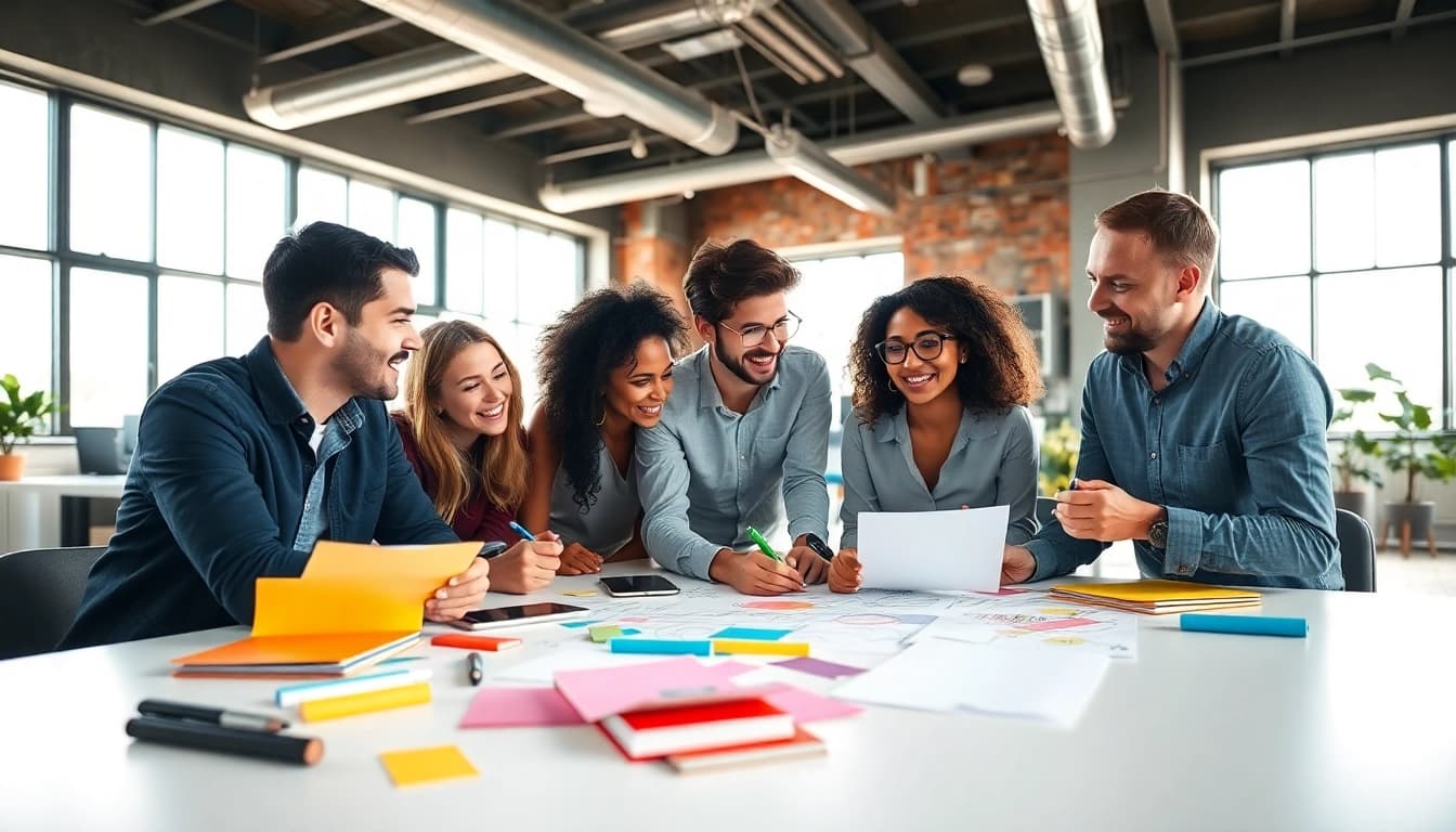 Engaging team collaborating on creative concept development ideas in a bright workspace.