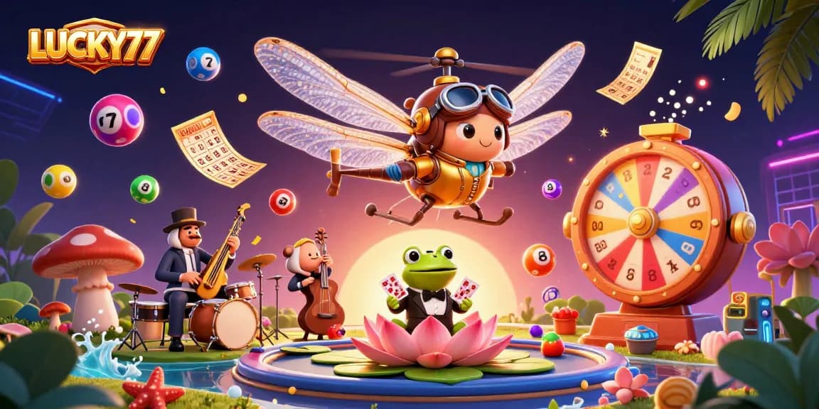 Experience the thrilling action of LUCKY77 with a vibrant 3D casino scene featuring a dragonfly pilot and a frog croupier.