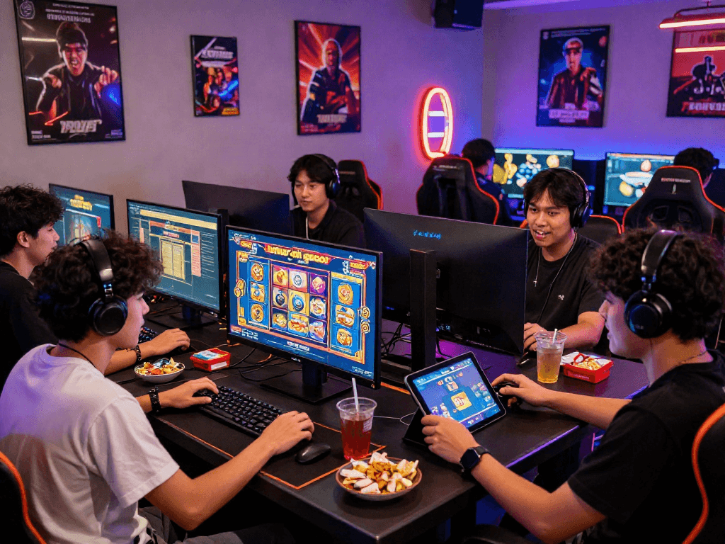 Group enjoying bandar slot gacor gaming session with vibrant screens and snacks.