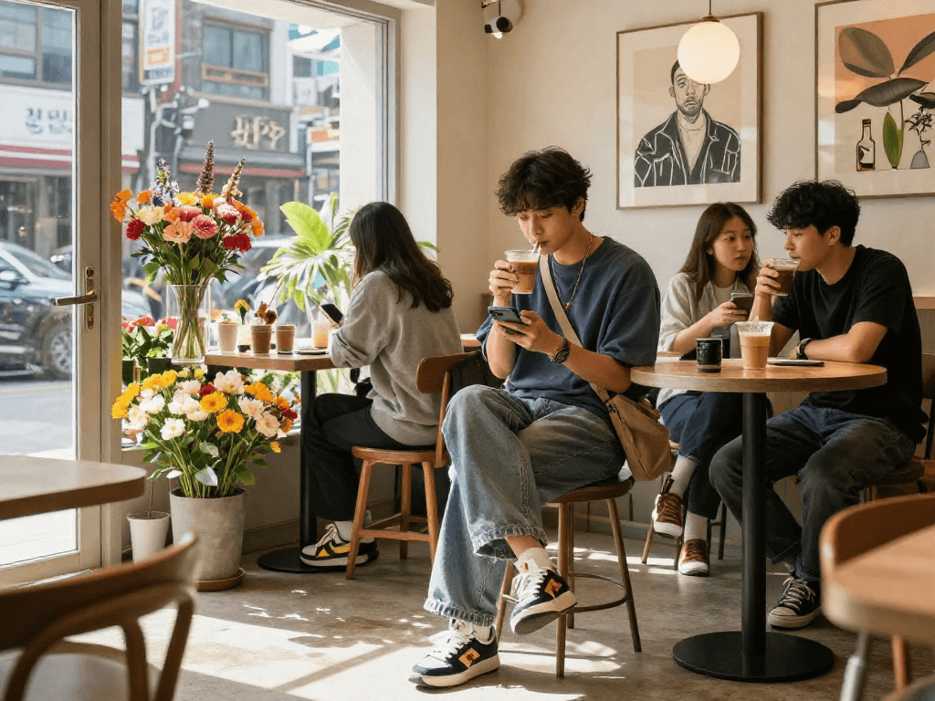 강남 달토에서 현대적인 카페에서 커피를 즐기는 젊은이의 활기찬 모습