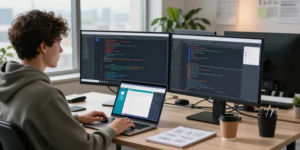 A developer using the 纸飞机中文版 on dual monitors in a modern office workspace.
