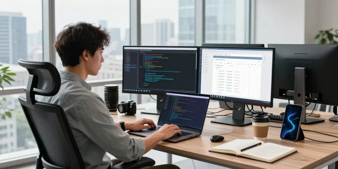 Developer programming using telegram中文 interface in high-tech workspace.