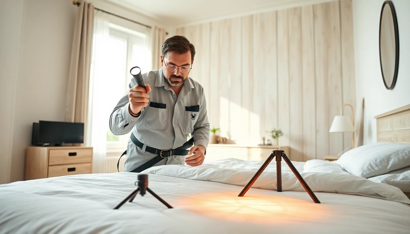 Inspecting bed bug extermination services in a bright, clean bedroom environment.