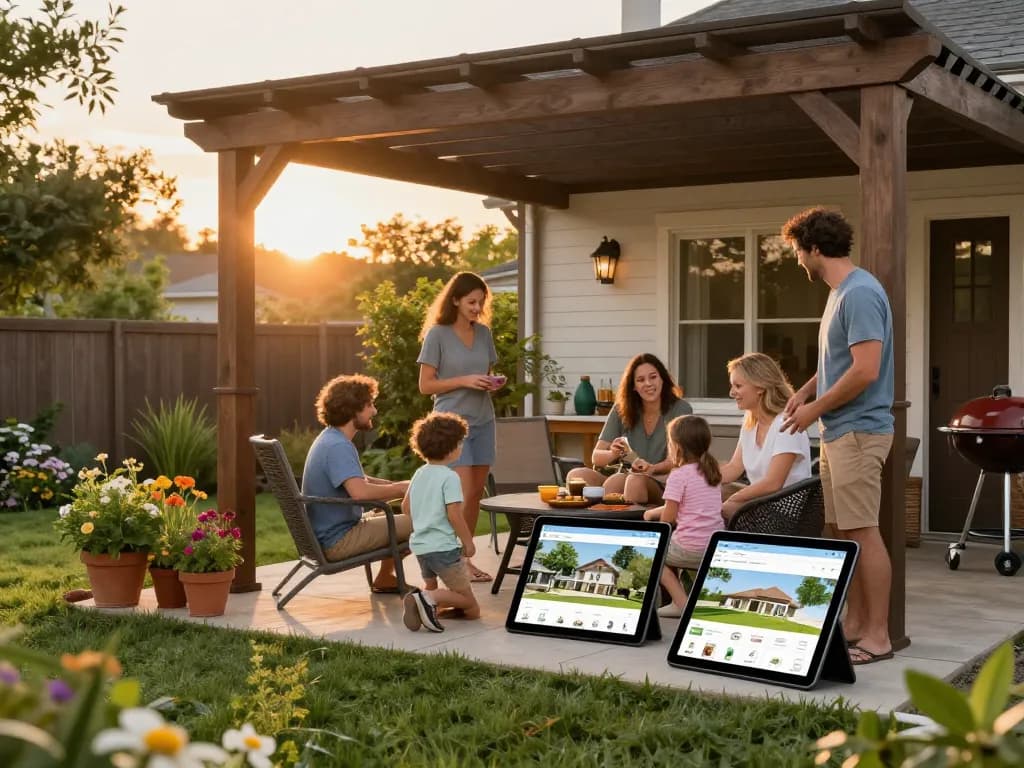 Family using a pergola configurator app to design their outdoor space.