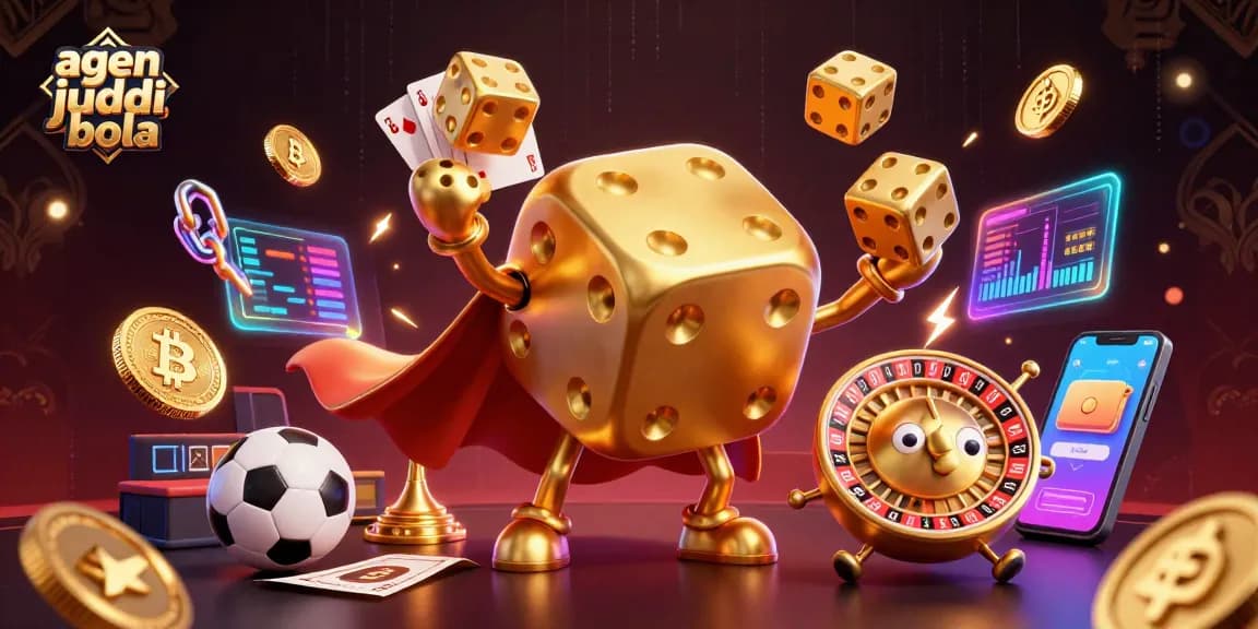 Bet on agen judi bola as a dynamic illustration showcases golden dice golems and thrilling sports elements.