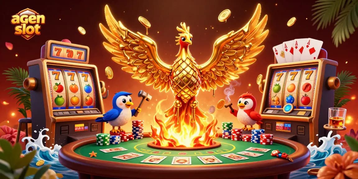 Rasakan kegembiraan agen slot dengan simbol jackpot dan koin emas yang mengalir dari phoenix emas.