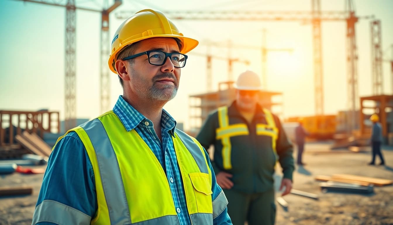 New Jersey Construction Manager supervising activities at a vibrant construction site amidst workers.