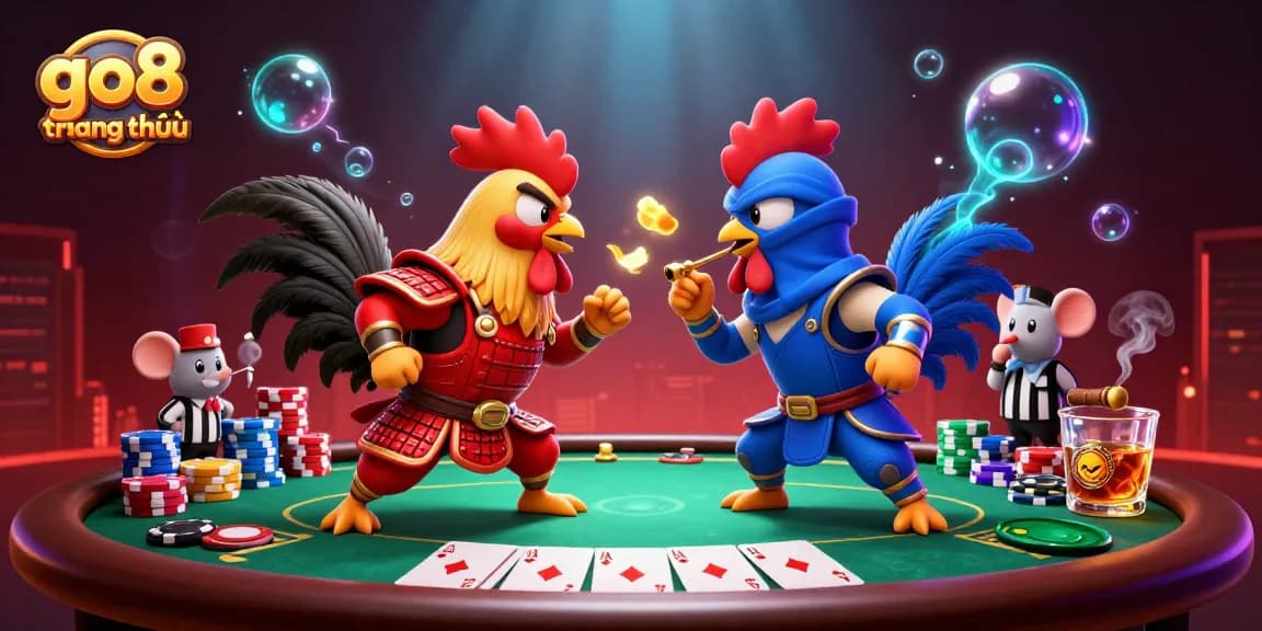 Engage in thrilling rooster battles and poker action at go8 trang chủ with vibrant casino elements.