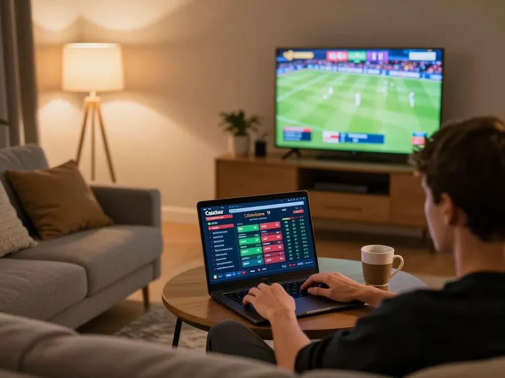 Cakhia TV interface displayed on a laptop during online sports betting in a cozy home setting.