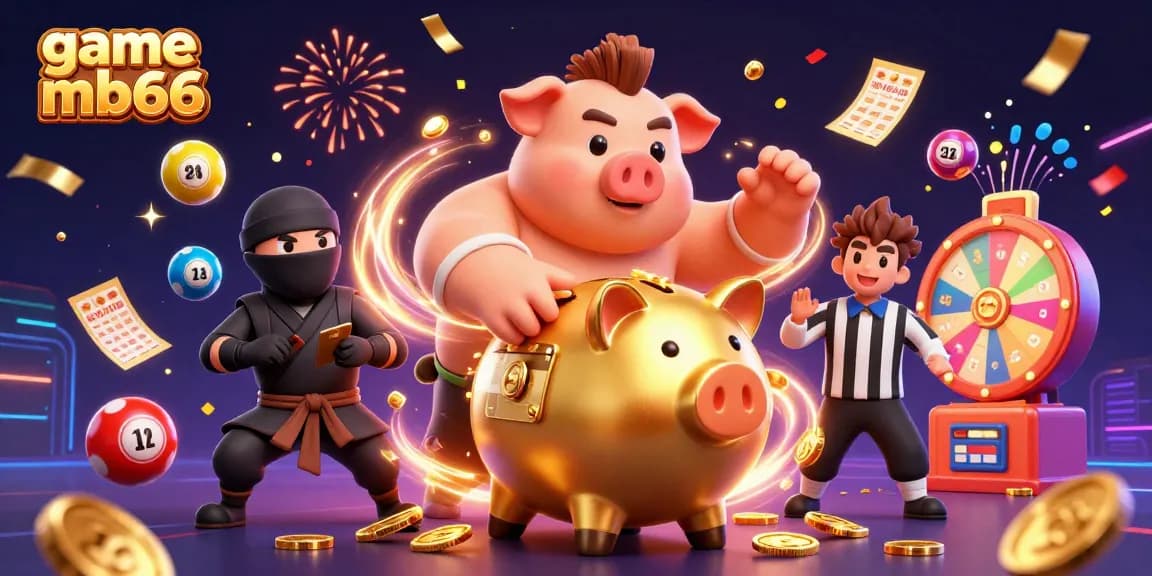 Experience thrilling gameplay with game mb66 featuring a vibrant scene of a piggy bank sumo wrestler, ninja, and referee.