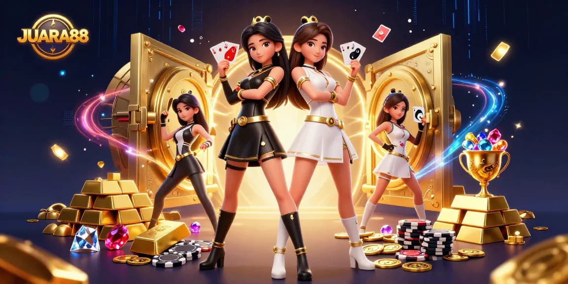JUARA88 showcases twin Asian women in casino attire amidst gold and gem treasures, engaging in thrilling card play.