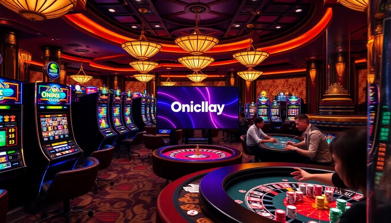 Win big at Onicplay with vibrant slots and exciting poker action in a luxurious casino setting.