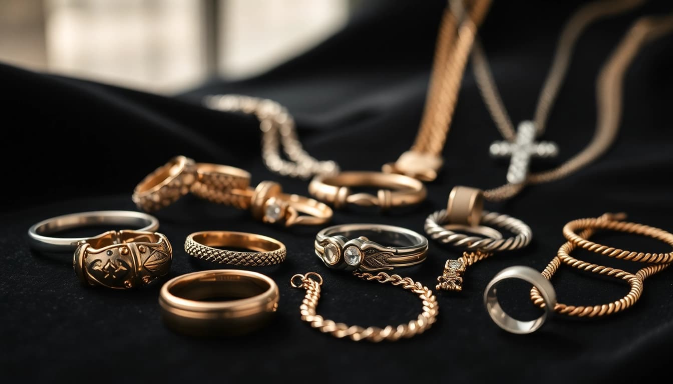 Showcase of Men’s jewelry highlighting unique designs and luxury elements.