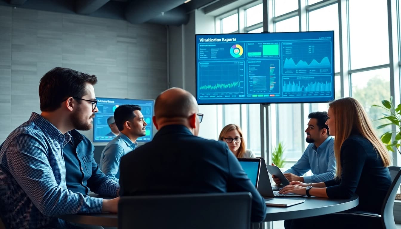 Proxmox Virtualization Experts collaborating in a modern office, surrounded by high-tech displays.