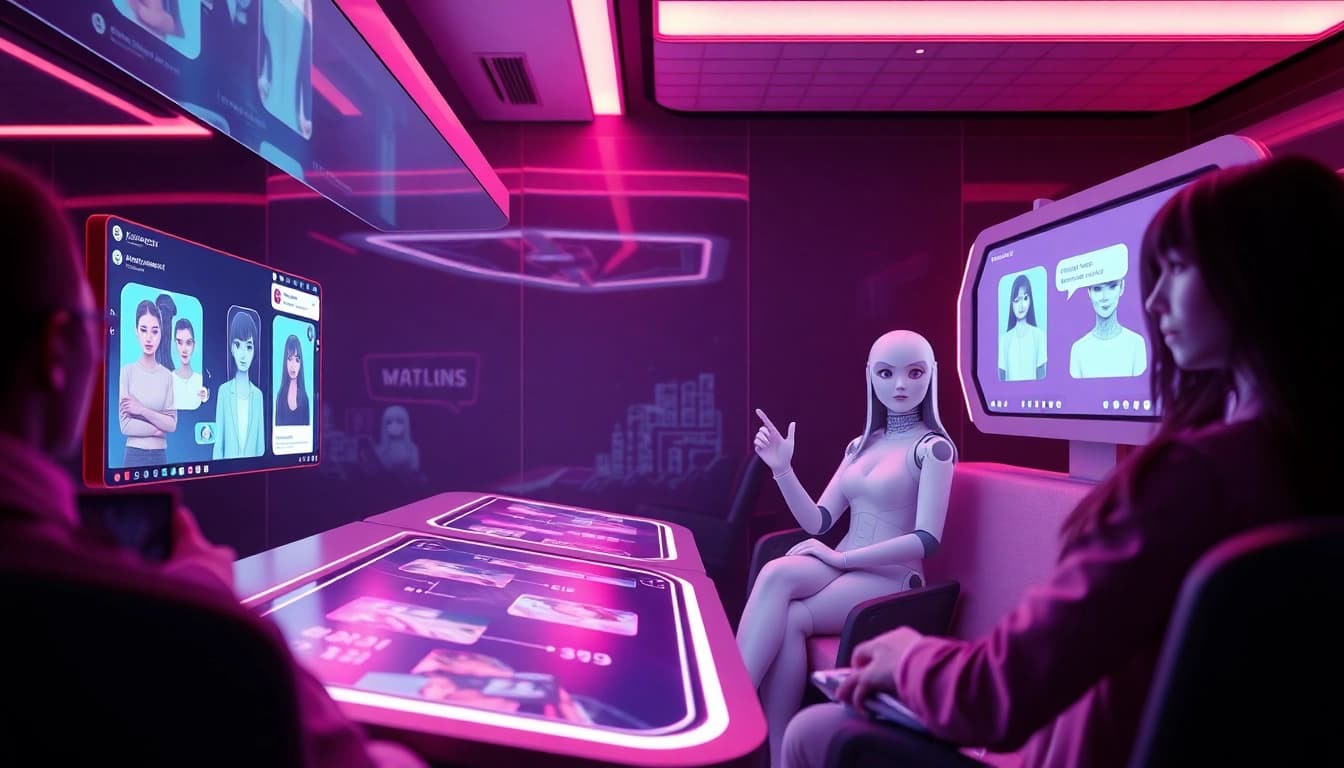 Experience NSFW AI chatbot interactions in a futuristic digital environment with vibrant graphics and avatars.