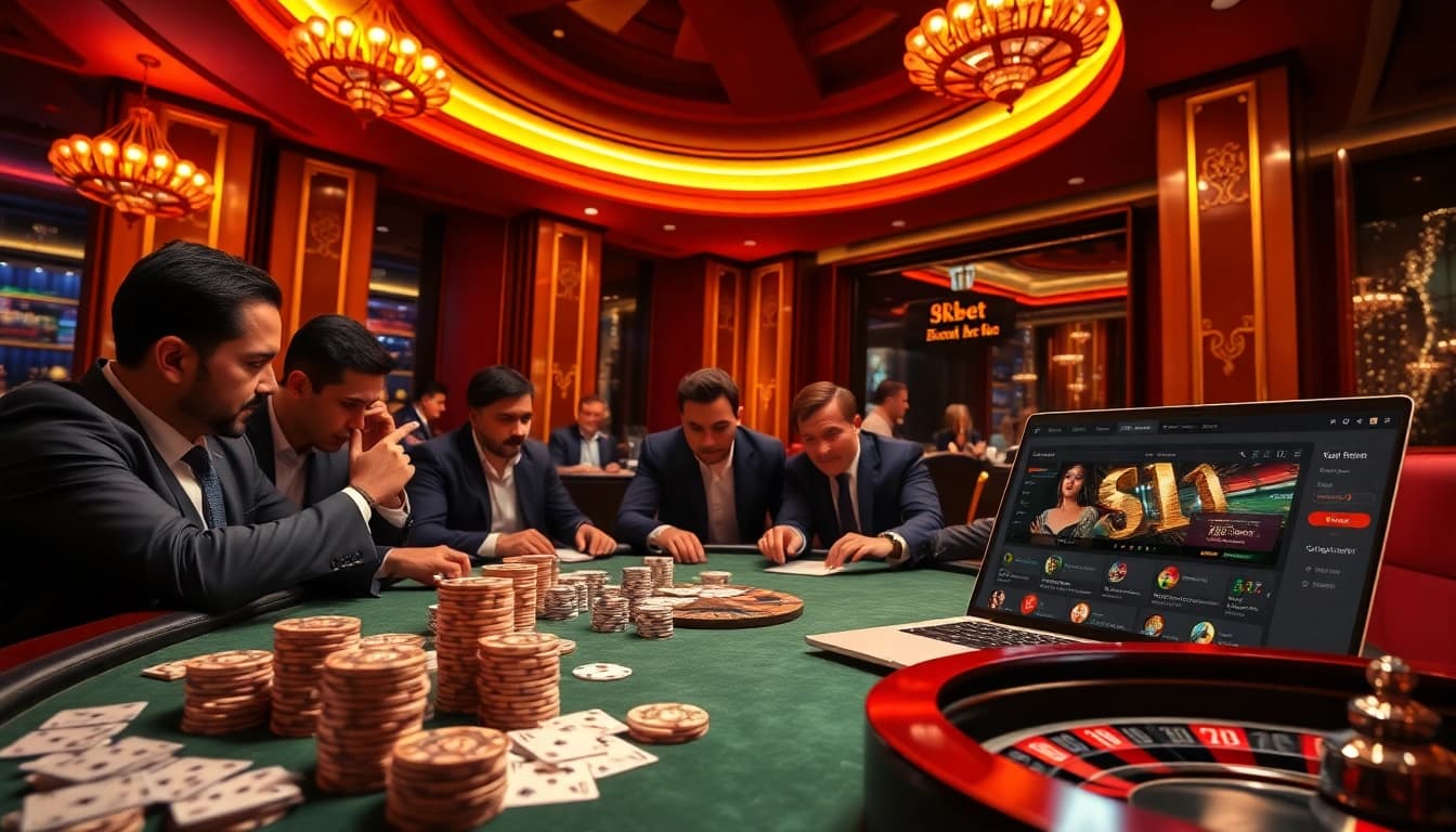 Experience the thrill of betting at 8kbet com with a luxurious casino scene featuring poker and roulette.