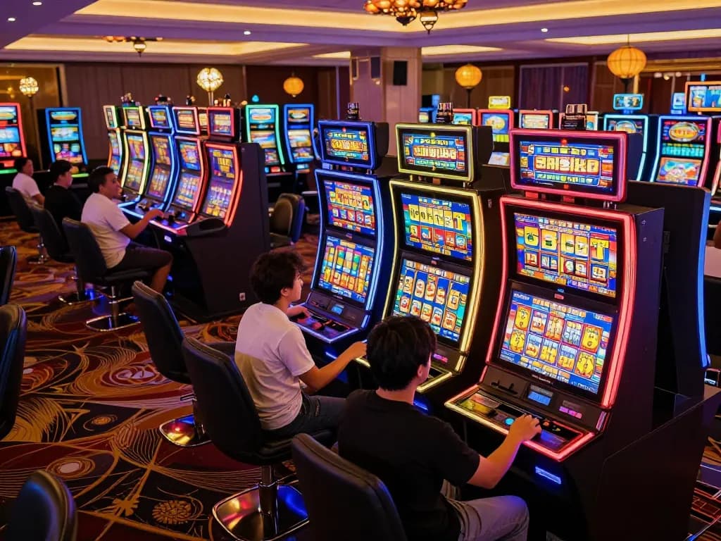 Engaged players celebrating wins on vibrant slot machines at a popular slot thailand casino