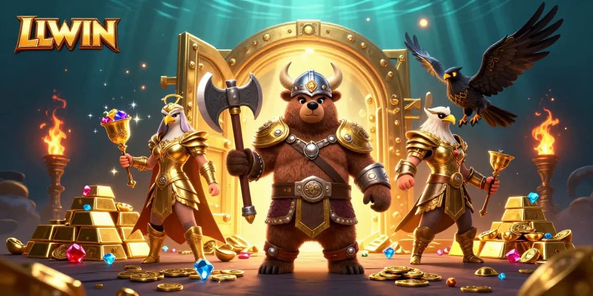 Experience winning adventures with LLWIN's Viking berserker alongside treasure and casino elements in a stunning 3D scene.