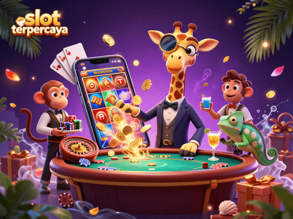 Experience excitement with slot online terpercaya showing spinning reels and vibrant casino action.
