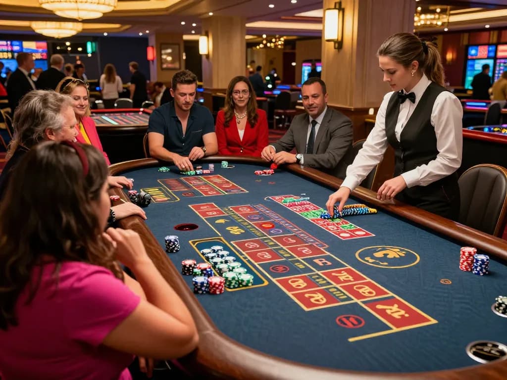 Experience the thrill of หนังใหม่ชนโรง gameplay at a lively roulette table in a vibrant casino.
