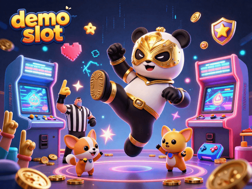 Demo slot menampilkan panda pegulat 3D beraksi di kasino dengan mesin permainan menyala.