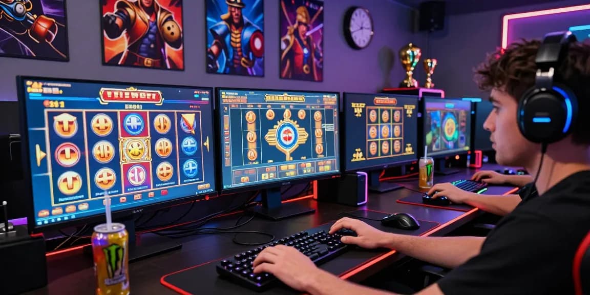 Excited gamer engaged in slot deposit 1000 online gaming at multi-screen setup with colorful jackpots.