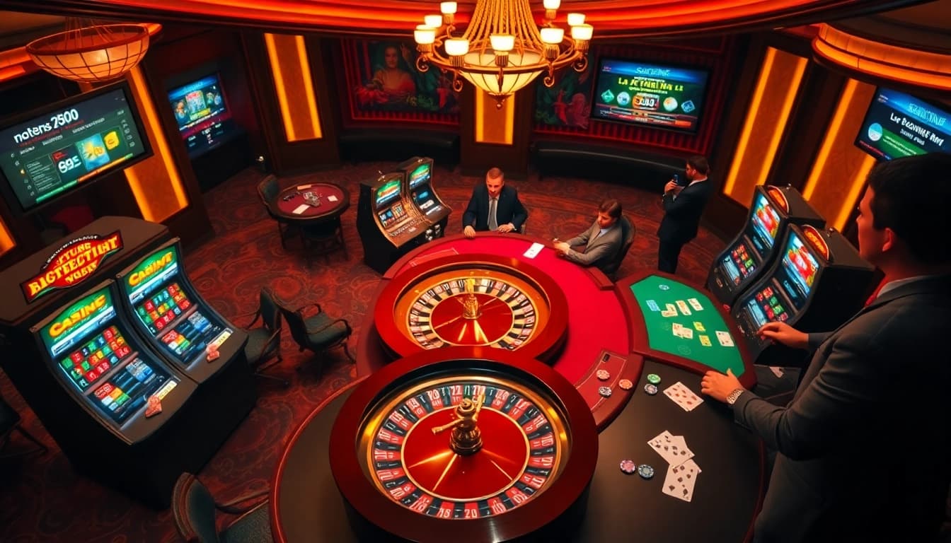 KPI4D players enjoying a vibrant casino atmosphere with poker, roulette, and slot machines.