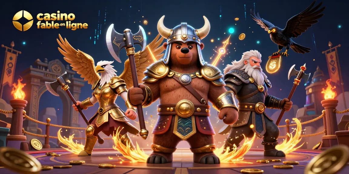 Jouer dans un casino fiable en ligne, illustré par un ours viking et une aigle valkyrie entourés de pièces d'or.