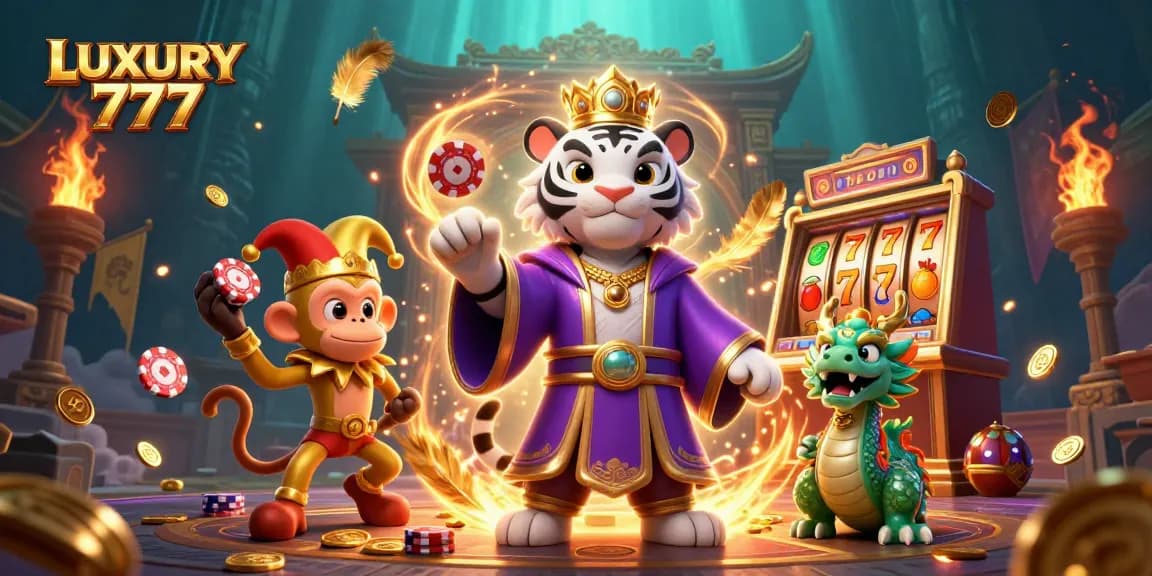 Permainan slot LUXURY 777 dengan harimau putih, monyet emas, dan naga giok di tengah emosi perjudian.