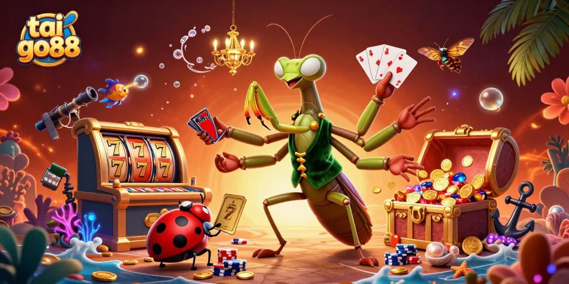 Experience dynamic gameplay with tai go88 as a giant mantis card sharp and ladybug boss navigate a vibrant casino.