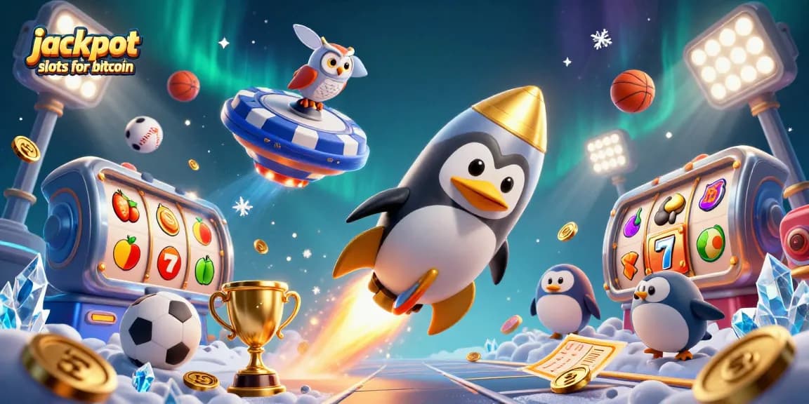 Engage with jackpot slots for bitcoin in a vibrant 3D casino-themed illustration featuring a rocket-powered penguin.
